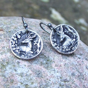 Tiny Deer Earrings, Mixed Metal Handmade Jewelry,  Rustic Handcast Pewter & Stainless Steel