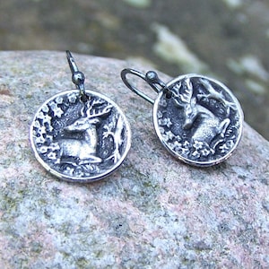 Tiny Deer Earrings, Oxidized Sterling Silver Ear Wires, Woodland Scene, Nature Lover Gift, Rustic Jewelry, Small, Drop, Dangle