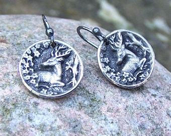 Tiny Deer Earrings, Oxidized Sterling Silver Ear Wires, Woodland Scene, Nature Lover Gift, Rustic Jewelry, Small, Drop, Dangle