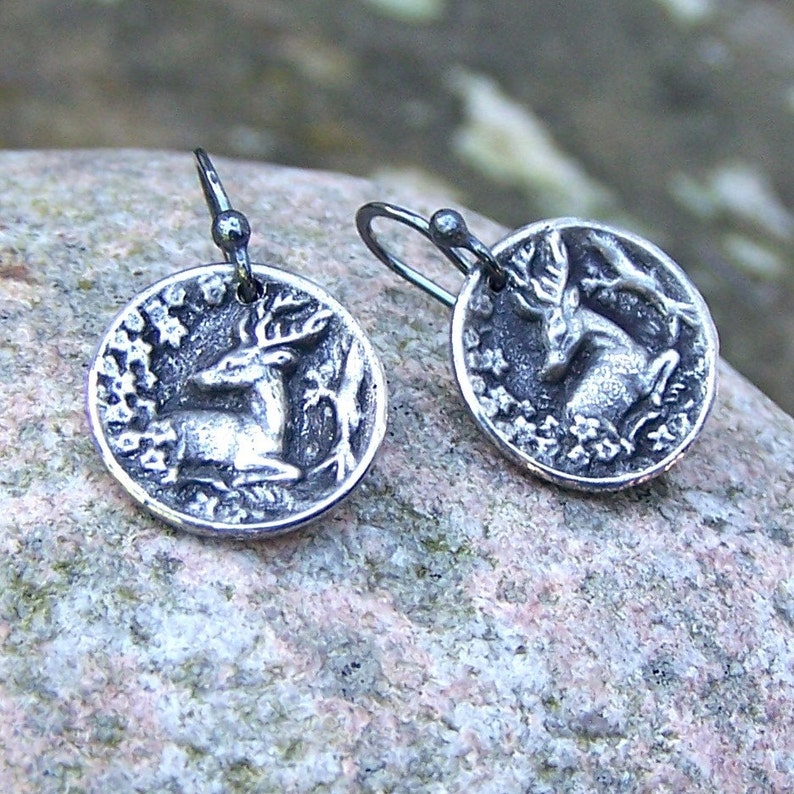 Tiny Deer Earrings, Oxidized Sterling Silver Ear Wires, Woodland Scene, Nature Lover Gift, Rustic Jewelry, Small, Drop, Dangle image 1