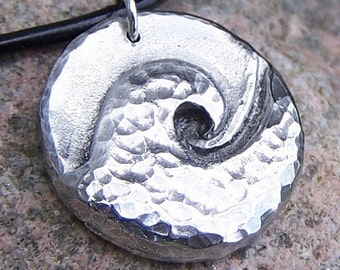 Wave Pendant, Ocean Wave Necklace, Hammered Surf, Rustic Jewelry, Beach Necklace, Summer, Surfer, Hand Cast Pewter