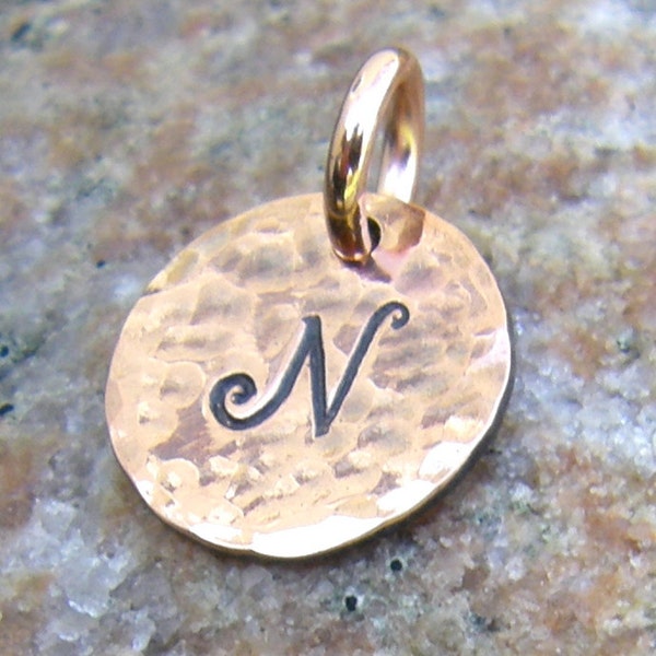 Personalized Copper Tag Charms, 1/2 inch, Hand Stamped Letter, Custom Initial, Hammered Texture, Add a Tag, Rustic Jewelry