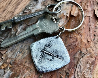 Fly Fishing Keychain, Mayfly Keyring, Dryfly, Rustic Handmade Pewter Gift, Hand Hammered