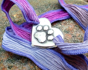 Paw Print on My Heart Silk Ribbon Wrap Bracelet, Rustic Jewlery, Boho Wrap Bracelet, Blue, Purple, Green