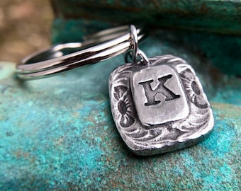 Western Monogram Keychain, Key Ring, Hand Cast Pewter, Hand Hammered, Rustic Accessory, Personalized, Initial