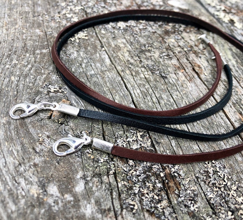 Deerskin Lace Necklace, narrow flat leather lace with silver plated lobster clasp, 1/8 inch wide Brown or Black, you choose color, length image 2