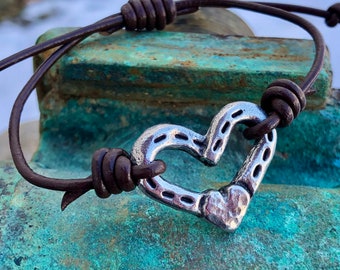 Adjustable Heart and Horse Shoes Bracelet, Rustic Handmade Jewelry, Hand Cast Pewter and Leather, Equestrian Gift, Gift for Her