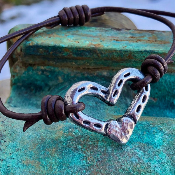 Adjustable Heart and Horse Shoes Bracelet, Rustic Handmade Jewelry, Hand Cast Pewter and Leather, Equestrian Gift, Gift for Her