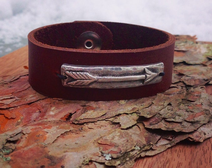 Arrow and Leather Cuff Bracelet, Inner Warrior Cuff, Leather and Pewter