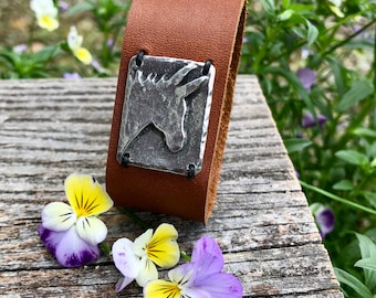 Donkey Cuff Bracelet, Chocolate Brown Leather, Snap Closure, Rustic Mini Donkey Jewelry, Mule Lover Gift