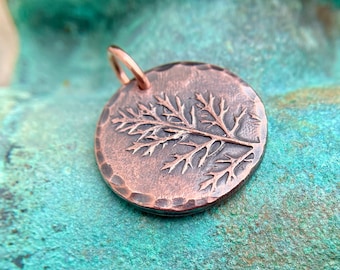 Round Copper Yarrow Leaf Pendant, Rustic Botanical Jewelry