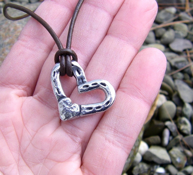 Heart and Horse Shoes Necklace, Horse Love Pendant, Rustic Handmade Jewelry, Hand Hammered, Equestrian Gift, Hand Cast Pewter image 7