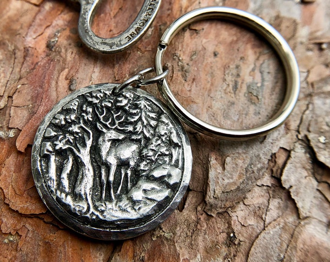 Buck Deer Keychain or Key Ring, Handcast Pewter Gift