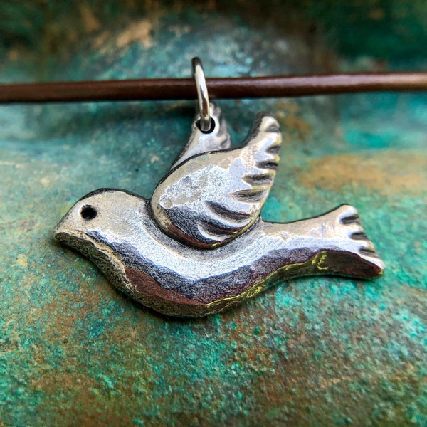 Peace Dove Necklace, Flying Bird Pendant, Hand Cast Pewter, Rustic Jewelry, Hope, Love Symbol, Hammered Texture