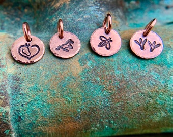 Tiny Copper Charm, Hand Stamped Horse, Heart, Bee, Chicken Tracks, You Pick Design