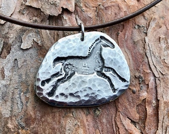 Spirit Horse Necklace, Horse Jewelry, Hammered, Indian Pony Pendant, Hand Cast Pewter, Equstrian Gift, Horse Lover