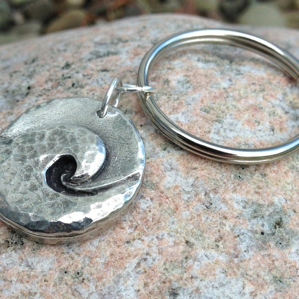 Ocean Wave Key Chain, Hammered Surf Key Ring, Surfer Gift, Swimmer, Beach Lover, Water Sports, Hand Cast Pewter