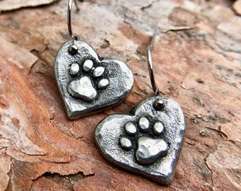 Paw Print Heart Earrings, Hypoallergenic Stainless Steel Ear Wires, Hand Cast Pewter, Rustic Pet Jewelry, Gift for Her, Dog Mom