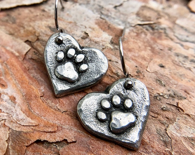 Paw Print Heart Earrings, Hypoallergenic Stainless Steel Ear Wires, Hand Cast Pewter, Rustic Pet Jewelry, Gift for Her, Dog Mom