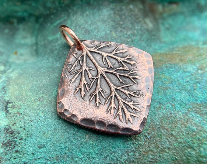 Copper Yarrow Leaf Pendant, Rustic Botanical Jewelry, Winter Trees