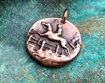 Copper Horse and Rider Pendant, Equestrian Over Fences, Horse Jewelry