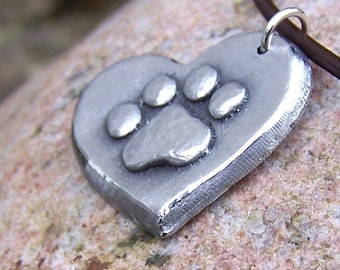 Paw Print on my Heart Necklace, Pet Love Pendant, Dog Mom Gift, Cat Lover, Pet Jewelry, Hand Cast Pewter