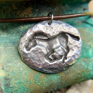 Running Horse Pendant, Mustang Necklace, Rustic Jewelry, Horse Jewelry, Hand Hammered Texture, Hand Cast Pewter, Equine Lover Gift