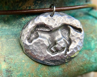 Running Horse Pendant, Mustang Necklace, Rustic Jewelry, Horse Jewelry, Hand Hammered Texture, Hand Cast Pewter, Equine Lover Gift