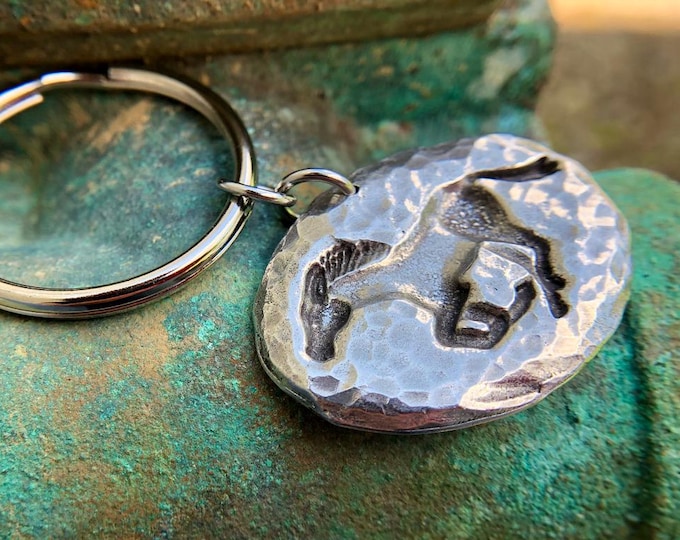 Running Horse Key Chain, Mustang Key Ring, Hammered