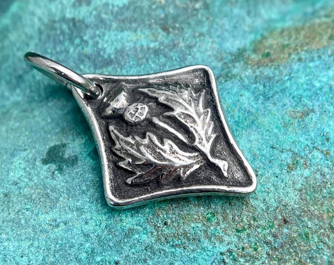Thistle Pendant, Scotland Flower Charm, Rustic Celtic Jewelry, Hand Cast Pewter