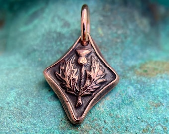 Copper Thistle Pendant, Scotland Flower Charm, Rustic Celtic Jewelry