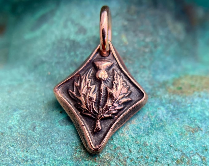 Copper Thistle Pendant, Scotland Flower Charm, Rustic Celtic Jewelry