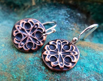 Tiny Copper Raised Design Earrings, Sterling Silver Earwires, Mixed Metal