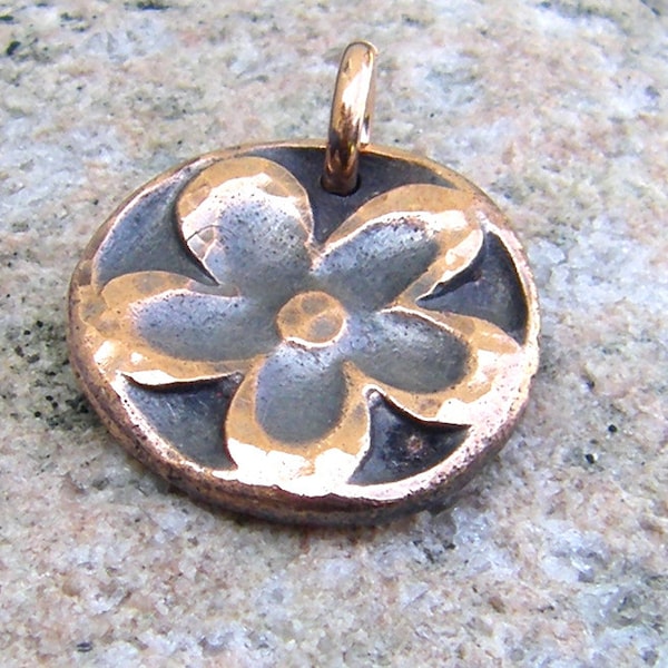 Copper Flower Pendant or Charm, Hammered, Oxidized, Rustic Jewelry