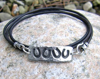 Horse Shoe Wrap Bracelet, Lucky Four Horseshoes, Pewter and Leather