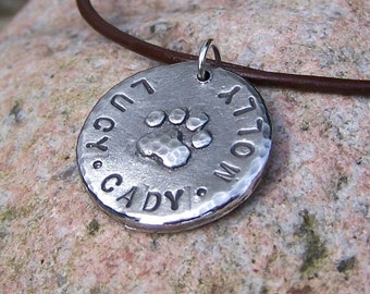 Personalized Pet Lovers Necklace, Paw Print Pendant, Custom Dog Names, Cat names, dog mom gift, hand stamped, handmade