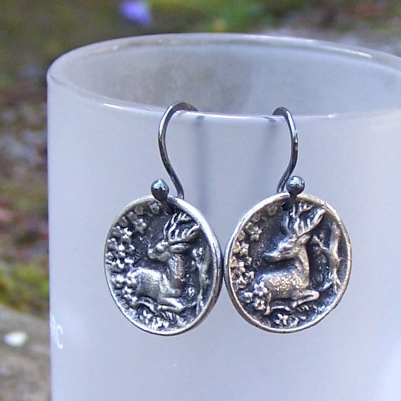 Tiny Deer Earrings, Oxidized Sterling Silver Ear Wires, Woodland Scene, Nature Lover Gift, Rustic Jewelry, Small, Drop, Dangle image 2