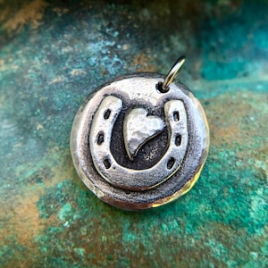 Horse Shoe Heart Pendant, Horseshoe Charm, Rustic Handmade Jewelry, Equestrian Gift, Horse Love, Pewter