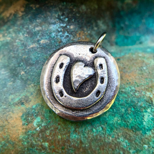 Horse Shoe Heart Pendant, Horseshoe Charm, Rustic Handmade Jewelry, Equestrian Gift, Horse Love, Pewter