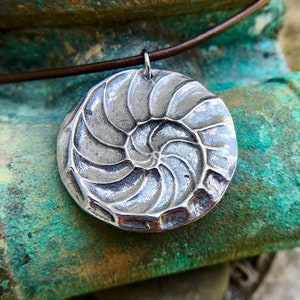 Nautilus Shell Necklace, Natures Spiral Pendant, Fibonacci Jewelry, Rustic Ocean Gift, Summer Beach Trend, Hand Cast Pewter, Focal, Large image 2