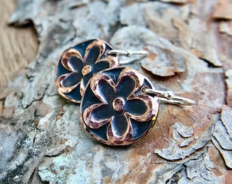 Copper Flower Power Earrings, Drop Earrings, Sterling Silver Earwires