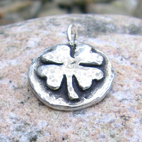 Four Leaf Clover Pendant, Good Luck Charm, Handmade Rustic Jewelry, Hand Cast Pewter, Shamrock