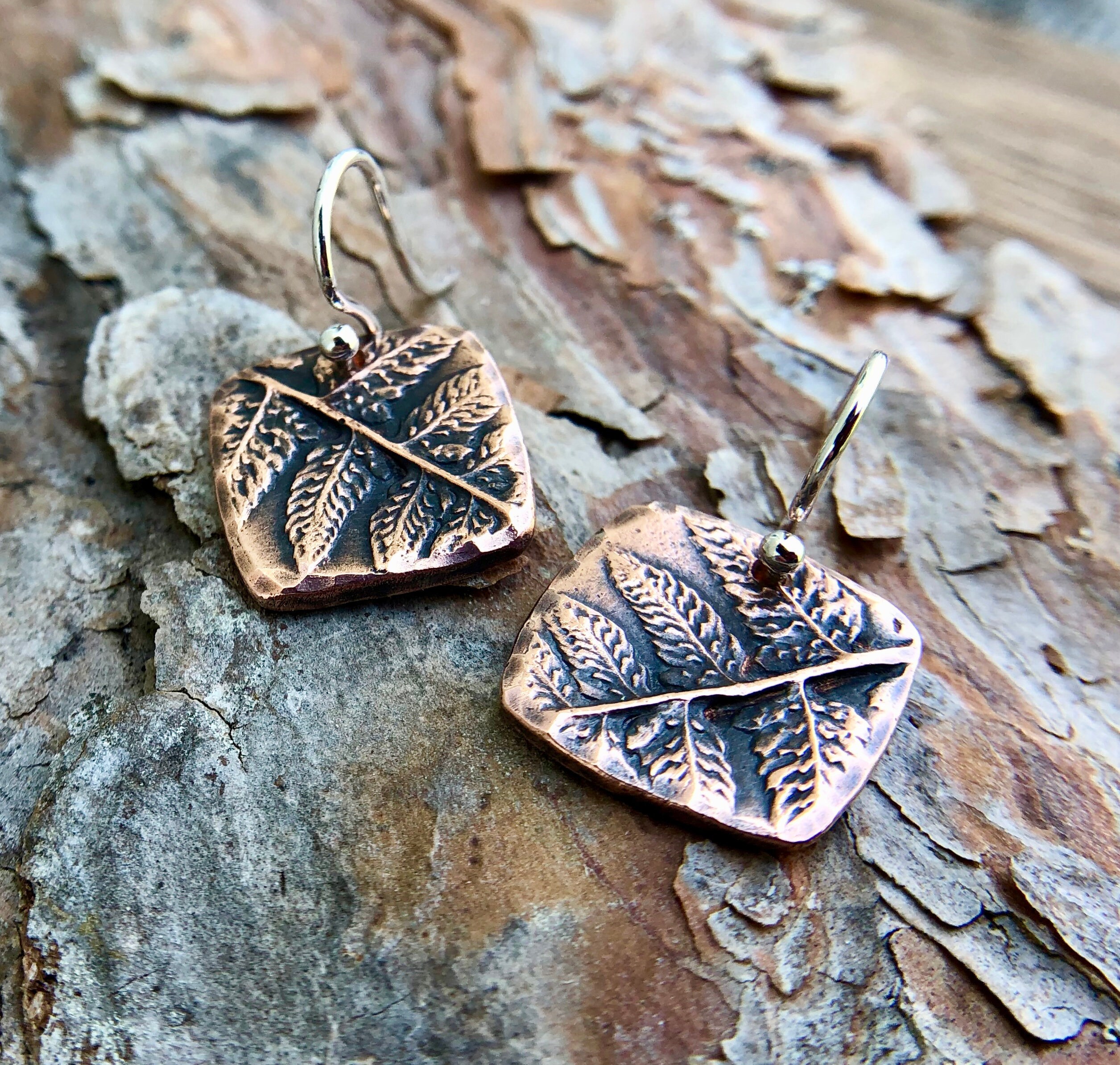 Small Copper Fern Earrings on Sterling Silver Earwires