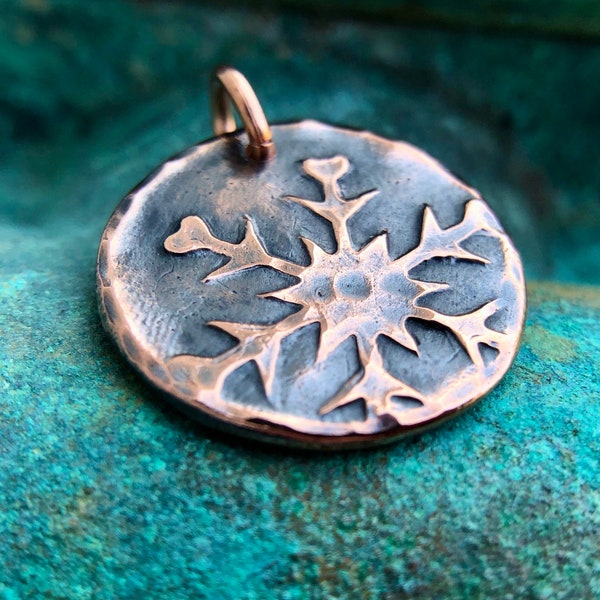 Copper Falling Snowflake Pendant, Outdoor, Winter, Snow Lover Gift, Rustic Hand Crafted