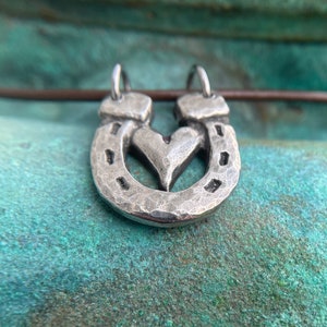 Heart in Horeshoe Necklace 2, Horse Love Pendant, Rustic Handmade Jewelry, Hand Hammered, Equestrian Gift, Hand Cast Pewter image 4