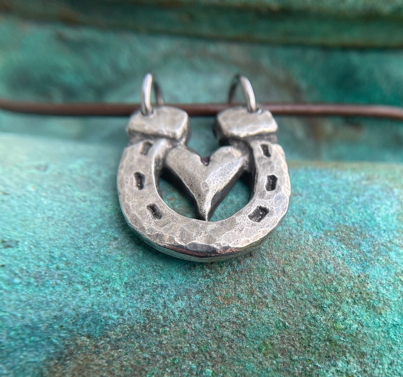 Heart in Horeshoe Necklace 2, Horse Love Pendant, Rustic Handmade Jewelry, Hand Hammered, Equestrian Gift, Hand Cast Pewter image 4