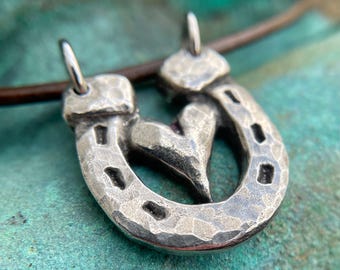 Heart in Horse Shoe Necklace, Rustic Handmade Pendant, Hand Cast & Hammered Pewter