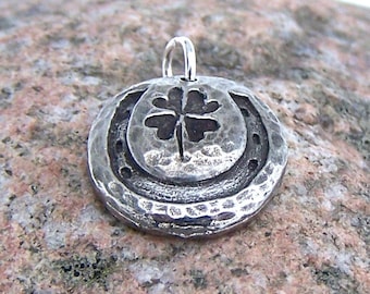 Lucky Horseshoe Charm, Double Your Luck Pendant, Rustic Jewelry, Equestrian Gift, Hand Cast Pewter, Four Leaf Clover