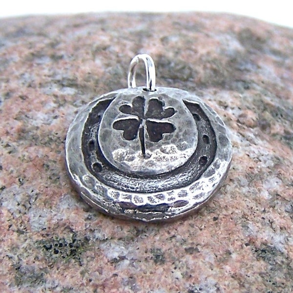 Lucky Horseshoe Charm, Double Your Luck Pendant, Rustic Jewelry, Equestrian Gift, Hand Cast Pewter, Four Leaf Clover