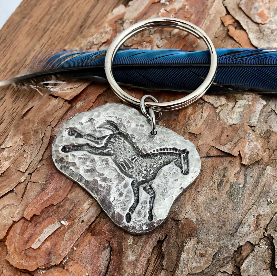 Spirit Horse Key Chain, Running Horse Key Ring, Hammered Texture, Indian Pony, Handcast Pewter